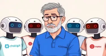 A man is wearing a blue polo shirt with slightly gray hair, a short beard, and glasses is scolding a group of robots. Each robot is wearing a t-shirt. They each have a different logo on the their shirt. The logo is one of the following: ChatGPT, Copilot, or Perplexity.ai