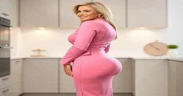 A mature adult woman shown in side profile, standing in a clean, modern kitchen environment. Her body has a highly stylized shape with an extremely narrow waist and maximally developed, smooth, rounded hips that extend outward in a pronounced curve — large and spherical in appearance. Her chest is prominently projected, full, and lifted, balancing the exaggerated lower body proportions. Her abdomen is completely smooth and flat, showing zero visible body fat, with a firm, contoured midsection that emphasizes her hourglass silhouette. She has a compact frame with short limbs and a visibly larger head-to-body ratio. Her facial features include clear blue eyes, long eyelashes, a small nose, full lips, straight bright white teeth, and a well-defined, forward-projecting jawline. Her long, voluminous blonde hair is styled neatly. She is dressed in tightly fitted, formal business clothing — specifically a tailored pink blazer and a matching pink skirt that contour precisely to her shape. The lighting is soft and ambient, and the background includes clean kitchen features such as smooth countertops, cabinetry, small appliances, and subtle reflections. The image is photorealistic and high resolution, with strong focus on the curve of her figure from the side, her abdominal definition, and the visual contrast between formal wardrobe and domestic environment.