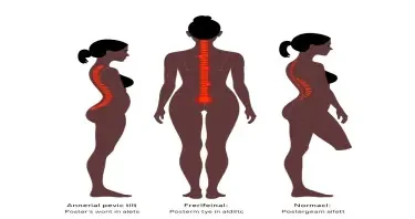 Create an image showing posture alignments in females showing 3 different categories: anterior pelvic tilt with excessive arching of the lower back, Posterior pelvic tilts with the butt tucked  under and the rounding of the upper back and shoulders with a bit of forward head posture, and normal optimal posture