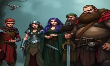 A five member dungeons and dragons adventuring party consisting of: A red-skinned thin male elven bard, a thin adrogynous female half-elf cleric/warlock wearing chainmail with a shadow raven familiar,  a curvy female half-elf warlock with purple hair wearing robes, a short but wide male dwarven ranger, and a very tall male half-giant barbarian/paladin.