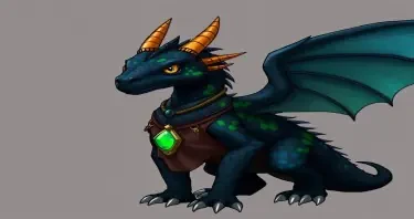 Bipedal Dragon. Black scales, with patches of green and blue. two orange horns on the head. Wearing a leather hunting tunic. Has a necklace with a stone that glows green.  Wings webbing is clear.