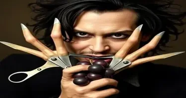 johnny depp edward scissorhands with actual scissors for hands face tim burton style his hands are made of scissors he has scissor fingers and is eating a grape hands made of scissors