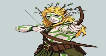 A warhammer fantast wood elf. Tall and blonde with tree branches decorating his hair and his pale white skin painted with green stripes. Armed with a longbow ready to shoot. Drawn in comic style