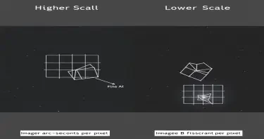 Create a Black and White image that that demonstrates image scale, resolution, and detail as a side-by-side images showing the effect of different image scales:  - **Image A (Higher Scale)**: Show a grid with larger squares (pixels) covering a wider area of the sky. Label it as having a **larger arc-seconds per pixel**.  - **Image B (Lower Scale)**: Show a grid with smaller squares (pixels) covering a smaller area of the sky. Label it as having a **smaller arc-seconds per pixel**.