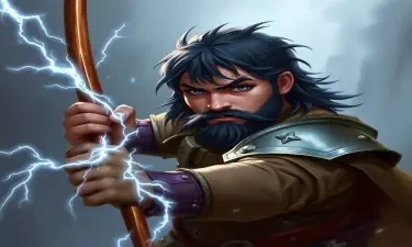 A fifth-edition dungeons and dragons character who is a dwarf ranger. He has black hair, gray eyes, weilds a magical bow that creates lightning, and wears a mithril breastplate.