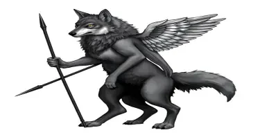 A wolf, obviously female, standing on its hind legs, like a woman, impressions of human breasts beneath its fur on her chest, it has hands and muscular arms instead of front paws, it holds a spear in one hand. On its back it has feathered wings spread, ready to fly. It's face appears intelligent