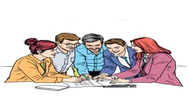 A drawing of a multigenerational group of adult professionals collaborating at a business for a book cover