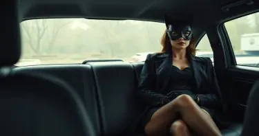 a mature woman in a short dress and coat sitting in the backseat, catwoman mask, stockings tights