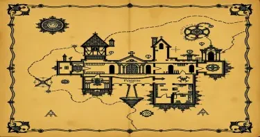 An ancient a weathered map of a gothic estate from the Metzinger family. The map should include secret doors, traps and secrets. The map should appear old, faded and hand drawn in a comic gothic style as if pages of an old journal. The map should be like that of a floor plan of the first floor of the mansion of estate.