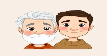 a cartoon drawn little boy with brown hair and his grandfather with short gray hair clean shaven from the front view looking forward into the camera. https://www.imagiyo.com/images/mxkaz6Y5aJ0P/view
