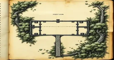 A simple map of the first floor of an overgrown and ruined medieval, gothic estate taken from the page of an ancient, weathered journal.