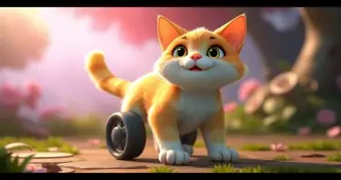 A cat with wheels for legs. Animated 3d art style