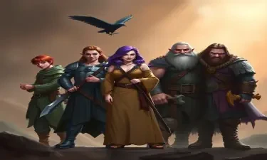 A five member dungeons and dragons adventuring party consisting of: A red-skinned thin male elven bard, an adrogynous female half-elf cleric/warlock wearing chainmail with a shadow raven familiar,  a curvy female half-elf warlock with purple hair wearing robes, a short but wide male dwarven ranger, and a very tall male half-giant barbarian/paladin.