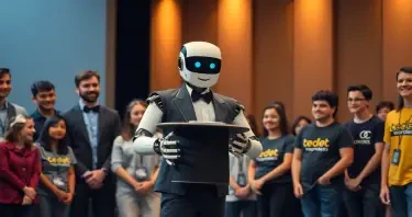 A magician on stage in front of people dressed in business casual or wearing t-shirts with tech company logos. The magician is robot. The robot is pulling a computer screen out of a hat