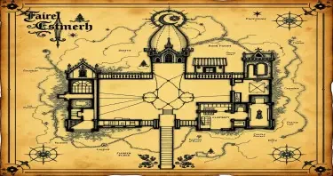 An ancient a weathered map of a gothic estate from the Metzinger family. The map should include secret doors, traps and secrets. The map should appear old, faded and hand drawn in a comic gothic style as if pages of an old journal. The map should be like that of a floor plan of the first floor of the mansion of estate.