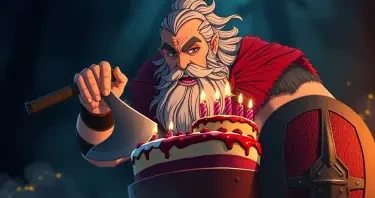 A Heavy Metal viking cutting his birthday cake with a battle axe. The viking has a long grey beard, but just few hair left on his head. his birthday cake lies on his shield.