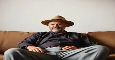 man in a hat on a couch