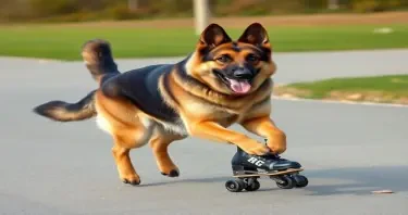 German shepherd on roller skates