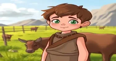 a cartoon drawn little boy with brown hair and green eyes at age 13 on a farm. This is for a children's book so make him cute, innocent and likeable for the reader to look at. I would like the same character doing the following: wearing neanderthal 300 BC time period clothes. https://www.imagiyo.com/images/mxkaz6Y5aJ0P/view