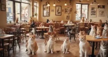 a cafe filled with cats as the patrons but with people as pets