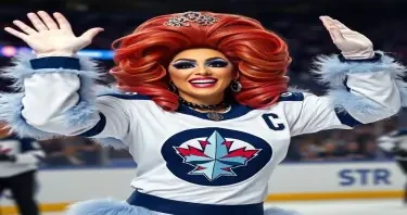 Create a drag queen celebrating the Winnipeg Jets and encouraging everyone to cheer for them in their game tonight