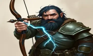 A fifth-edition dungeons and dragons character who is a middle-aged dwarf ranger. He has a wide build, black hair, gray eyes, weilds a magical bow that creates lightning, and wears a mithril breastplate.