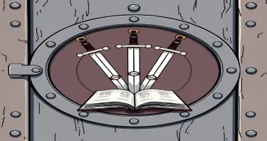 A lage sealed steel door locked with a large sigil featuring three upside down swords over an open book. Upon the hilt of each sword is a dial containing the three words: Loyalty, Duty, Honor. Each in a different order. The art style should be comic style.