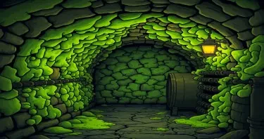 glowing green mold growing in a wine cellar covering the walls. Art style should be comic gothic.