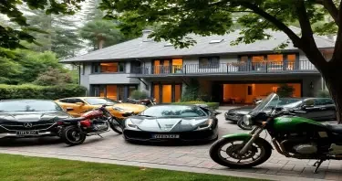 backyard of a house full of luxuary cars and bikes