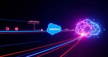 A cinematic, high-tech feature image visualizing the Salesforce Application Lifecycle Management (ALM) pipeline in the FLUX Schnell style.  The composition features a central, continuous, and high-velocity CI/CD flow depicted by glowing, geometric lines of metadata. This pipeline rapidly moves through three distinct, stylized stages:  Development/Code: Represented by a minimalist code bracket icon (<>) and a small, segmented "sandbox" environment.  Testing/Quality: A glowing, analytical scanner or microscope icon.  Deployment/Release: A sharp, upward-pointing arrow or stylized rocket deploying into a large, prominent, and subtly glowing Salesforce Cloud Logo which dominates the background.  Integrate an element of futuristic automation (Agent Force): a geometric, abstract AI brain or neural network overlay with neon blue nodes, strategically positioned to supervise and govern the flow.  Style & Color: Deep, dark blue/purple background, high-contrast neon blue and electric cyan lighting for the pipeline and icons. Use a minimal amount of Salesforce red/orange for critical alert or focus points. The image should be hyper-detailed, ultra-clean, minimalist, and geometric, suitable for a striking video thumbnail.