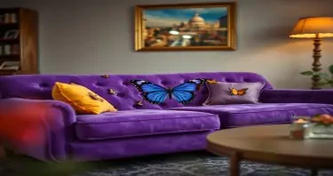 photograph, candid shot, famous randomly purple couch and randomly finished with randomly butterflies, center point for a butterfly wearing a hat, Use camera is Canon EOS 5D Mark IV with a Canon EF 24mm f/1. 4L II USM lens, set at aperture f/2. 8 for a depth of field that highlights the furniture clean lines with rich and many detail, randomly color and finished, soft ambient light, studio light setting, ultra realistic, UHD, many details
