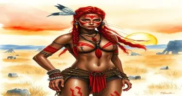 A watercolor painting of a strong, red-haired tribal warrior woman standing confidently in a windswept, post-apocalyptic landscape. She has long braided hair with a feathered accent, vibrant red warpaint across her face and body, and any jewelry and accessories fur and tribal inspired by nature. Her pose is heroic and proud, with a glowing sunset in the background casting warm hues. The style is soft, atmospheric watercolor with fine detail on her facial expression and body paint.  She has dark skin like a half black girl. Her microbikini is so small and tiny and tight it looks painted on and blends in with her warpaint