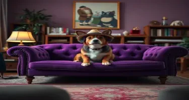 Studio Ghibli style, candid shot, famous randomly purple couch and randomly finished with randomly dogs, center point for a dog wearing a hat, Use camera is Canon EOS 5D Mark IV with a Canon EF 24mm f/1. 4L II USM lens, set at aperture f/2. 8 for a depth of field that highlights the furniture clean lines with rich and many detail, randomly color and finished, soft ambient light, studio light setting