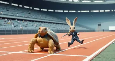 A Tortoise is calmly crossing the finish line of track race. The Tortoise has a thin beard, is wearing glasses, and is dressed in a polo shirt. Behind the Tortoise is a Rabbit. The Rabbit looks frightened. The rabbit is carrying scissors. The rabbit is falling. The rabbit is wearing a suit. The stands around the track are occupied with humaniform robots.