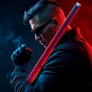 Cinematic dark action poster of a powerful man holding a blood-stained katana resting on his shoulder, side profile pose, short textured haircut with shaved line designs, wearing black sunglasses and a dark leather jacket, black tactical gloves, intense serious expression, head slightly bowed. Dramatic red rim lighting illuminating the sword and side of his face, cold blue shadows on the opposite side, thick cinematic smoke and fog swirling around his body, glowing red mist near the blade, high contrast lighting, ultra-realistic skin texture, moody atmosphere, studio dark background, volumetric lighting, sharp focus, epic action movie poster style,  ultra-detailed, photorealistic.
