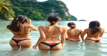 four sexy Asian girls wearing g strings with their backs facing the camera playing in the water at an exotic jungle beach location