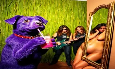 Purple Puppy drinking grape fruit juice, hanging out with the rock band Creed, in front of a grass curtain, a large vagina, and a mirror