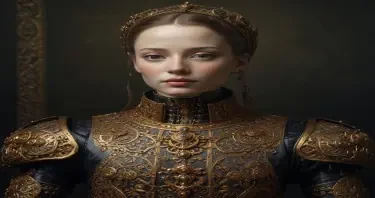 Renaissance oil painting portrait style, humanoid robot with intricate brass and steel features, wearing ornate royal robes, velvet and gold embroidery, noble pose, dark moody background, 1600s European portrait lighting