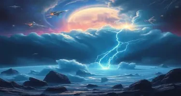 a perfect storm on a blue planet in a galaxy far far away while a space battle happens in the background