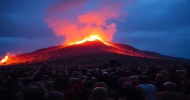 I want to see trey anastasio on a mountain that is on fire, playing on a small stage but surrounded by 100,000 crazy looking fans, some naked others in clothes ranging from casual to tuxedo and gown but all raging incredibly hard to the music. it should be nioght but amazingly lit well from the fire on the mountain