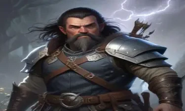 A fifth-edition dungeons and dragons character who is a middle-aged dwarf ranger. He has a wide build, black hair, gray eyes, weilds a magical bow that creates lightning, and wears a mithril breastplate.
