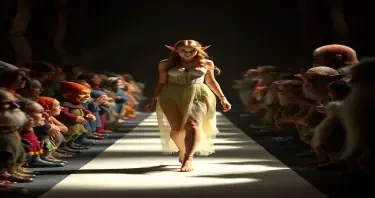 A brightly lit, sexy, female elf model walks down a narrow catwalk towards the camera wearing a gossamer dress between an audience of goblins, gnomes and trolls in the shadows on both sides