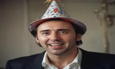 happy and crazy Nicolas Cage in a party hat