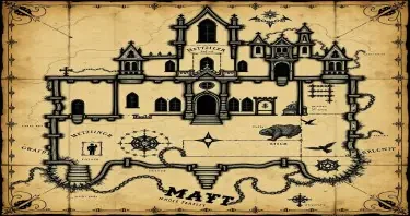 An ancient a weathered map of a gothic estate from the Metzinger family. The map should include secret doors, traps and secrets. The map should appear old, faded and hand drawn in a comic gothic style as if pages of an old journal. The map should be like that of a floor plan of the first floor of the mansion of estate.