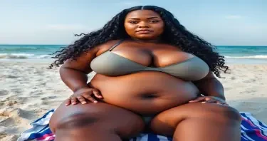 POV, Black Nigerian SSBBW, size 50, natural, bikini, 20s, beautiful, hyper voluptuous, exaggerated hourglass figure, very fat, gigantic heavy size 50P breasts, deep massive cleavage, soft arms, wide round belly, big bum, wide hips, thick thighs. On the beach. Her breasts strain against her bikini top.  She is  half sitting up from a beach towel, one arm down, one on her bountiful hips. She looks challengingly and playfully at the viewer.