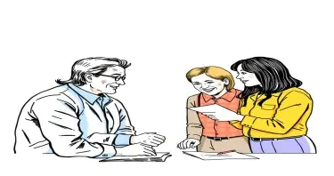 A drawing of a multigenerational and multiethnic group of adult professionals collaborating at a business for a book cover