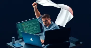 A Software-Developer sitting in front of his laptop. The laptop display shows code lines on it. The developer is raising a white flag above his head..