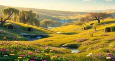 A lush, ultra-photorealistic meadow bathed in golden morning light, overflowing with vibrant clover patches, soft moss, and fields of wildflowers in pinks, purples, and yellows. Gently rolling hills stretch into the distance, dotted with ancient, gnarled willow trees draped in trailing vines. Sparkling brooks wind through the landscape with tiny arched bridges made of polished stone. Cozy burrow entrances line the hillsides, each adorned with tiny hanging lanterns and woven grass wreaths. Carrot gardens, berry patches, and low-hanging fruit trees are scattered throughout. Butterflies flutter gently in the warm breeze, and fluffy dandelions float in the air. In the distance, a crystalline waterfall cascades into a quiet pool surrounded by tall grass and sun-warmed rocks. The entire scene is infused with soft, warm light and magical serenity—a paradise made just for rabbits.