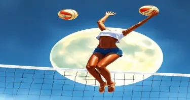 Create a girl basketball player. Her skin tone is dark. Base her off of actress Nathalie Emmanuel.  She is playing beach volleyball on the sunny side of the moon.  She is wearing a cutoff half top shirt that says emphasizes her round firm underboobs as she jumps high in the air for an action shot spiking over the net.  This is a painted watercolour
