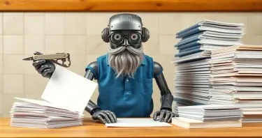 A metal robot with a very thin, partly grey beard and eyeglasses, wearing a blue polo shirt, stands facing forward at a cook's chopping table. On the robot's right is a taller pile of bound notebooks, and on the left is a smaller, neatly stacked pile of paper. The robot holds a multi-function tool, similar to a Swiss Army knife or Leatherman multi-tool, in its left hand and a binder from the notebook pile in its right hand. The robot's hands are blurred, indicating rapid movement as it swiftly reduces the binders into simple paper.